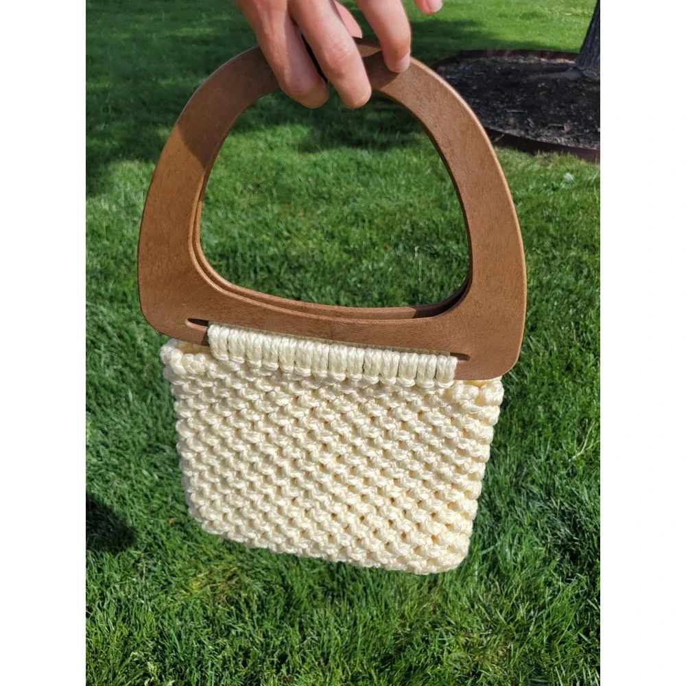 70's Vintage Boho Hippie‎ Festival Macrame Wooden Double Handle Handbag Handmade